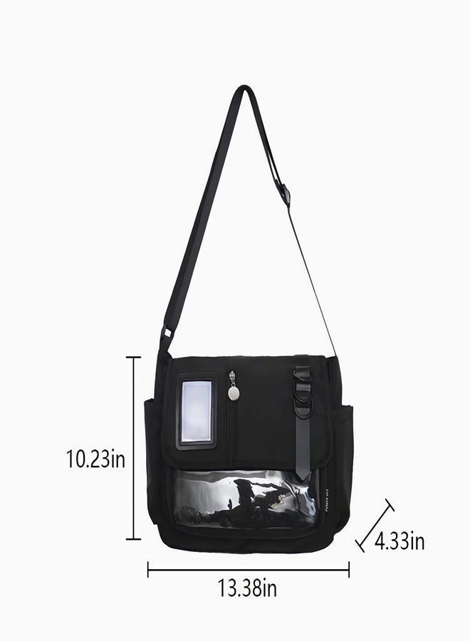 Winatehr black ita messenger bag for women, large capacity cute pin display crossbody bags, kawaii japanese anime ladies purse with water bottle holder, y2k korean college aesthetic carteras para mujer - Image 3